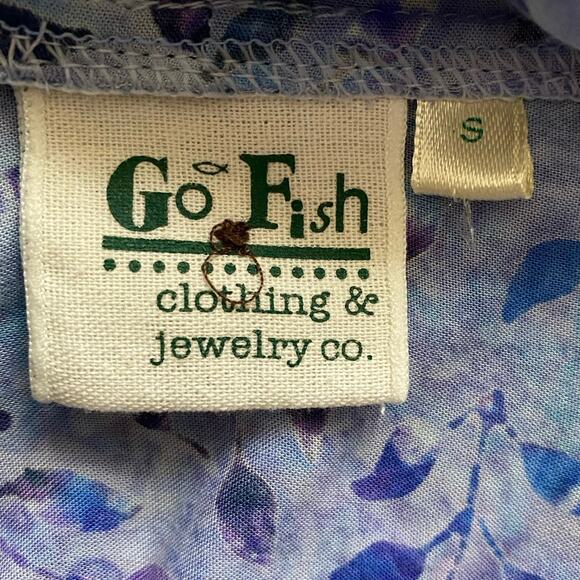 Go Fish Size S Botanical Leaf Watercolor Print Button Front Shirt Tie Neck - Picture 3 of 4